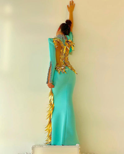 Karsyn Long High Neck Blue Gold Evening Dress