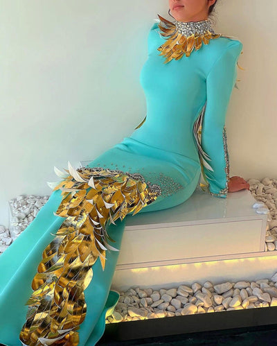 Karsyn Long High Neck Blue Gold Evening Dress