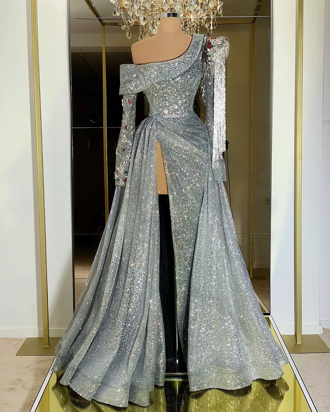 Mariah Long Sleeves Silver Evening Dress