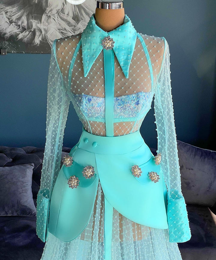 Mia Blue Long Sleeve High Neck Evening Dress – D&D Clothing