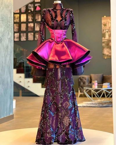 Natasha Luxury Purple High Neck  Evening Dress