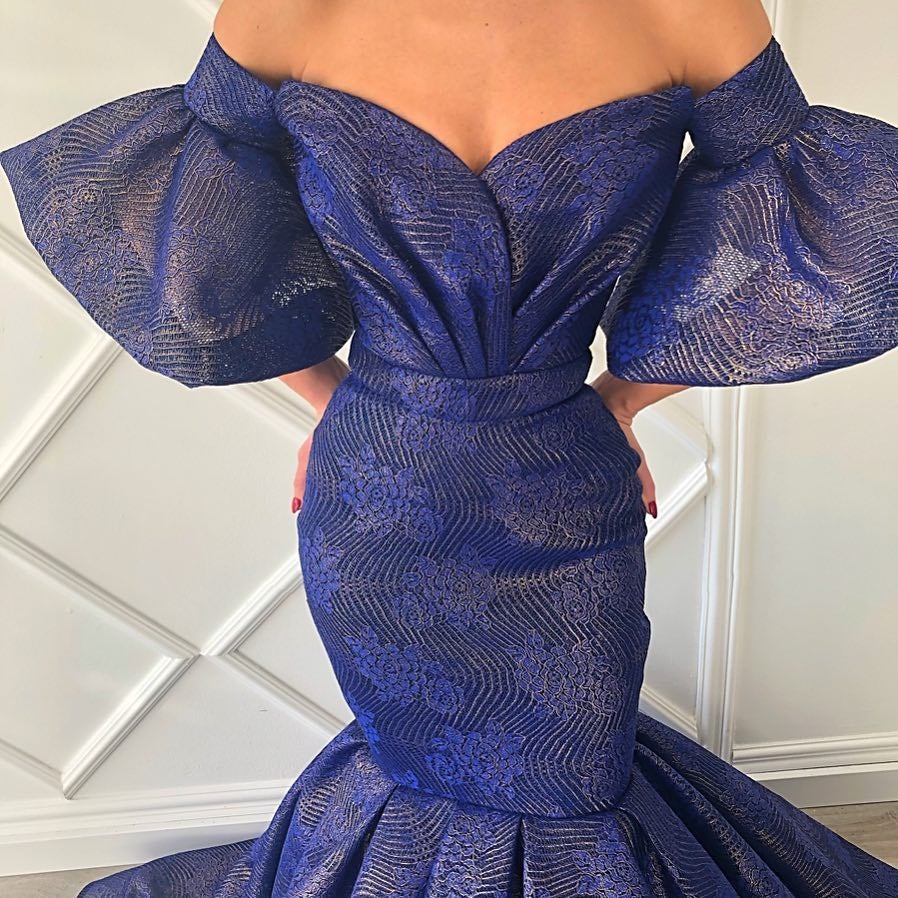 Nina Blue Prom Dresses Off-Shoulder Evening Dress