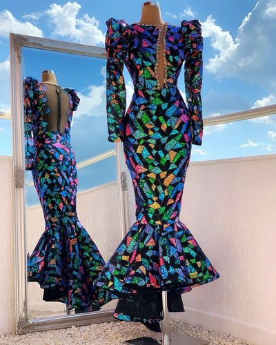 Savanna Multicolour Elegant Long Sleeves Evening Dress