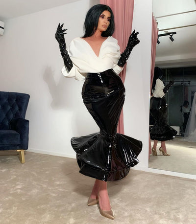 Sophia White V-Neck With Black Gloves Evening Dress