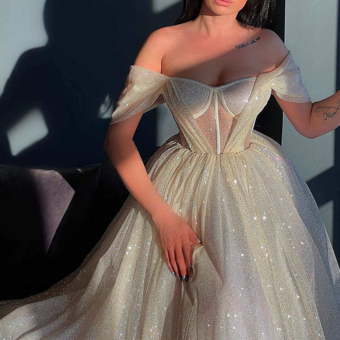 Zoe Off-Shoulder White Evening Dress