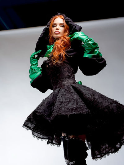 Lillian Elegant Black with Green Gloves  Evening Dress