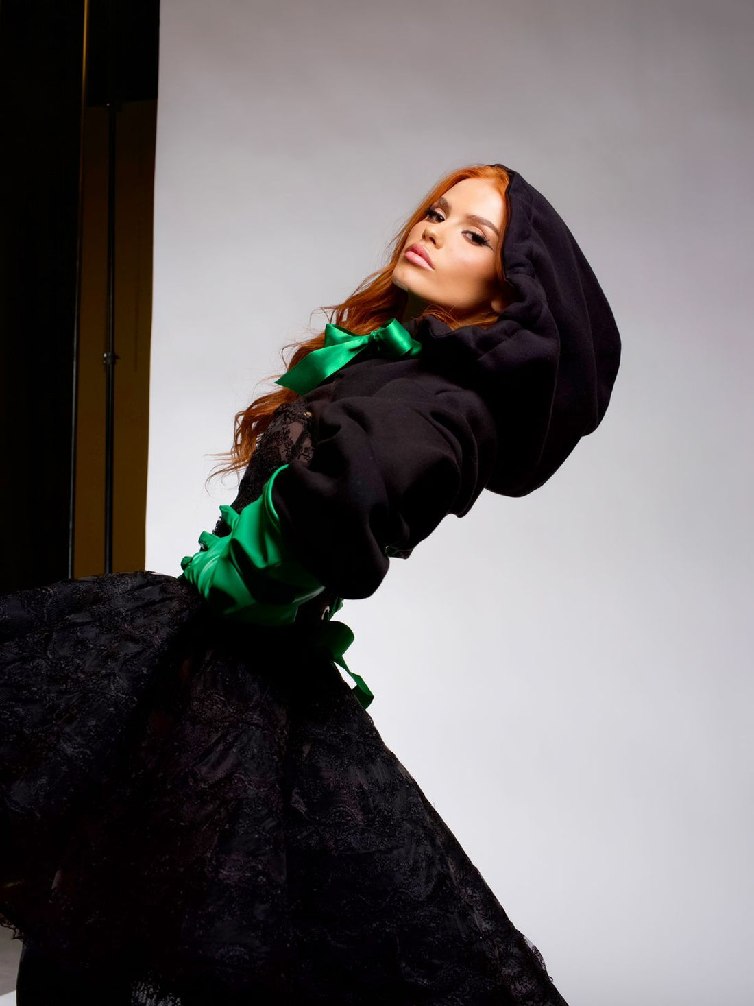 green dress with black gloves Emerald Green Maxi Dress - Strapless Dress - Dress and Gloves