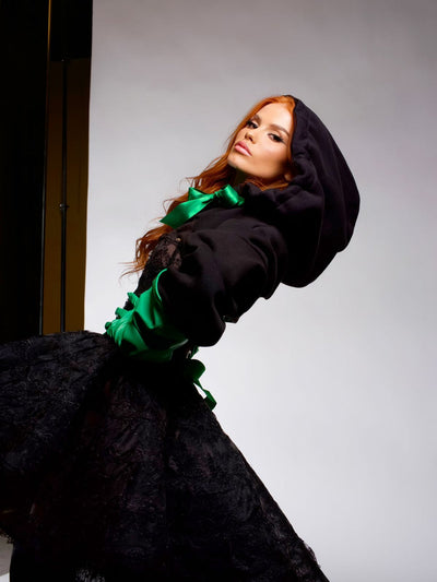 Lillian Elegant Black with Green Gloves  Evening Dress