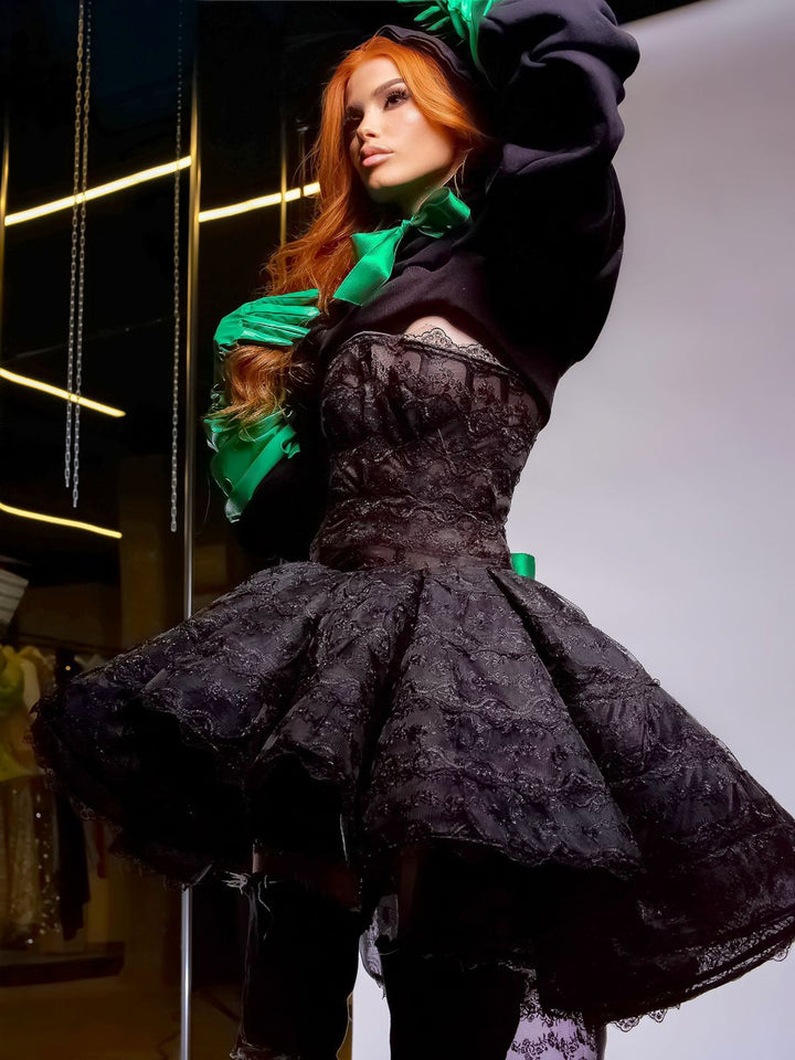 Lillian Elegant Black with Green Gloves Evening Dress XL / Black
