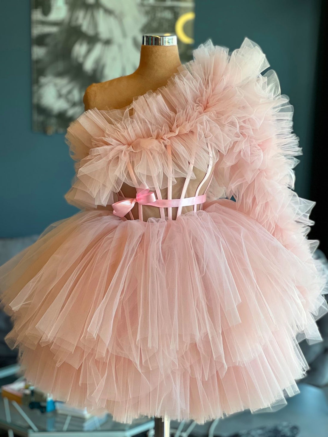 Xiomara One Sleeve Elegant Pink  Evening Dress Evening Dress