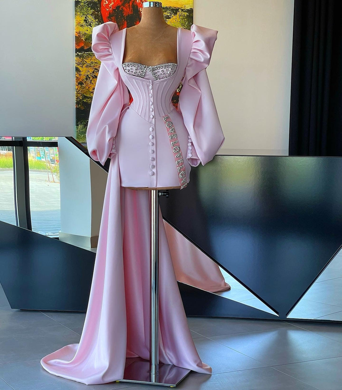 Chelsea Elegant Puff Sleeves Pink  Evening Dress
