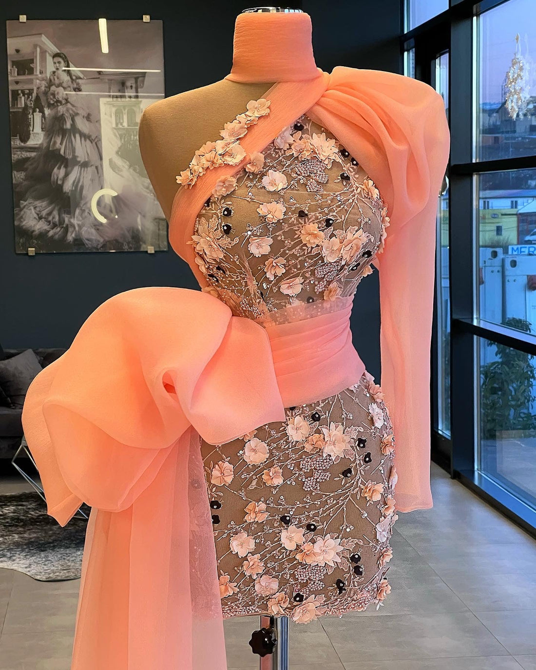 Etta One Sleeve Elegant Pink  Evening Dress