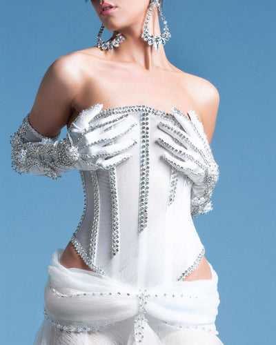 Juliana Elegant White Long with Gloves Evening Dress
