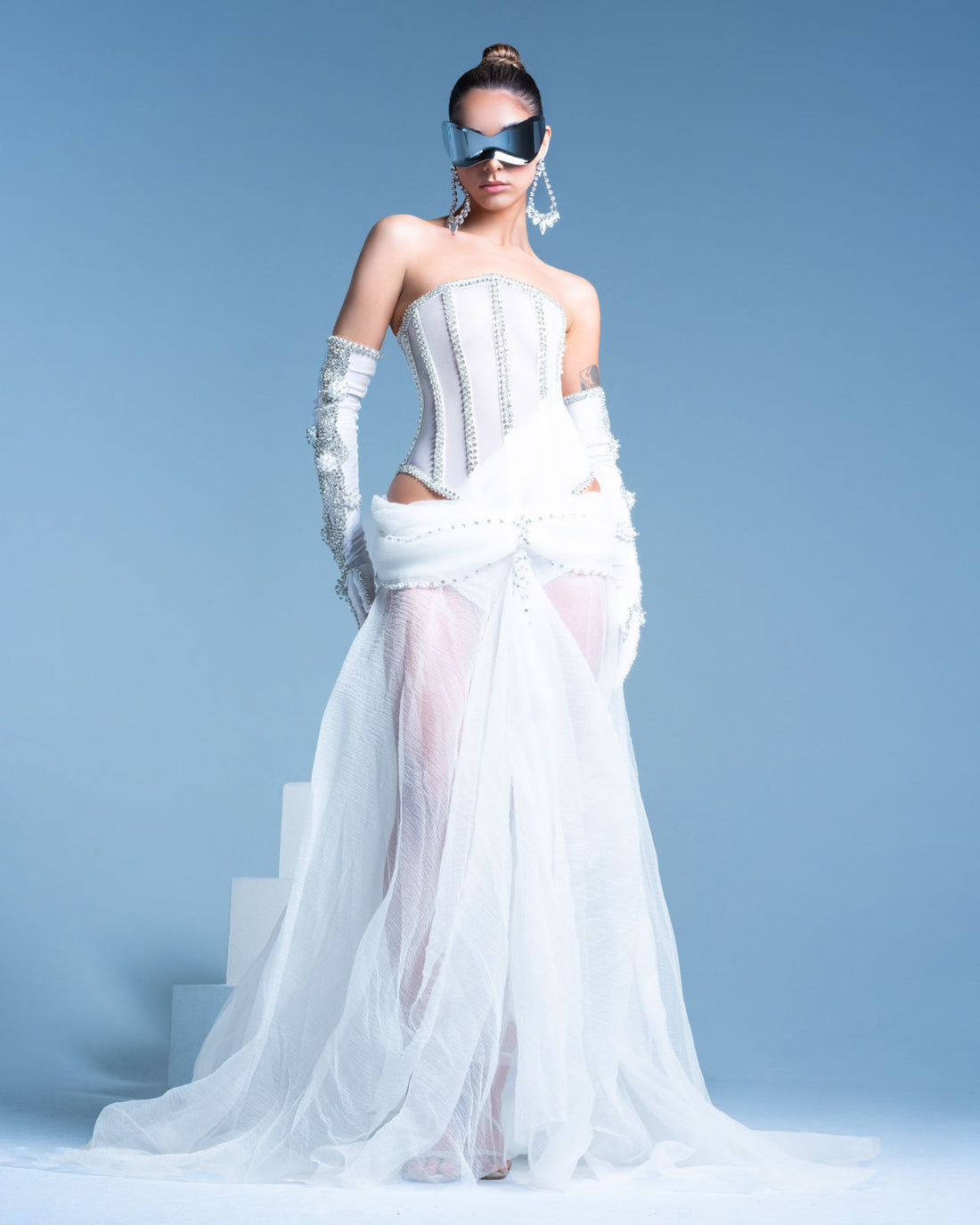Juliana Elegant White Long with Gloves Evening Dress XXL / White