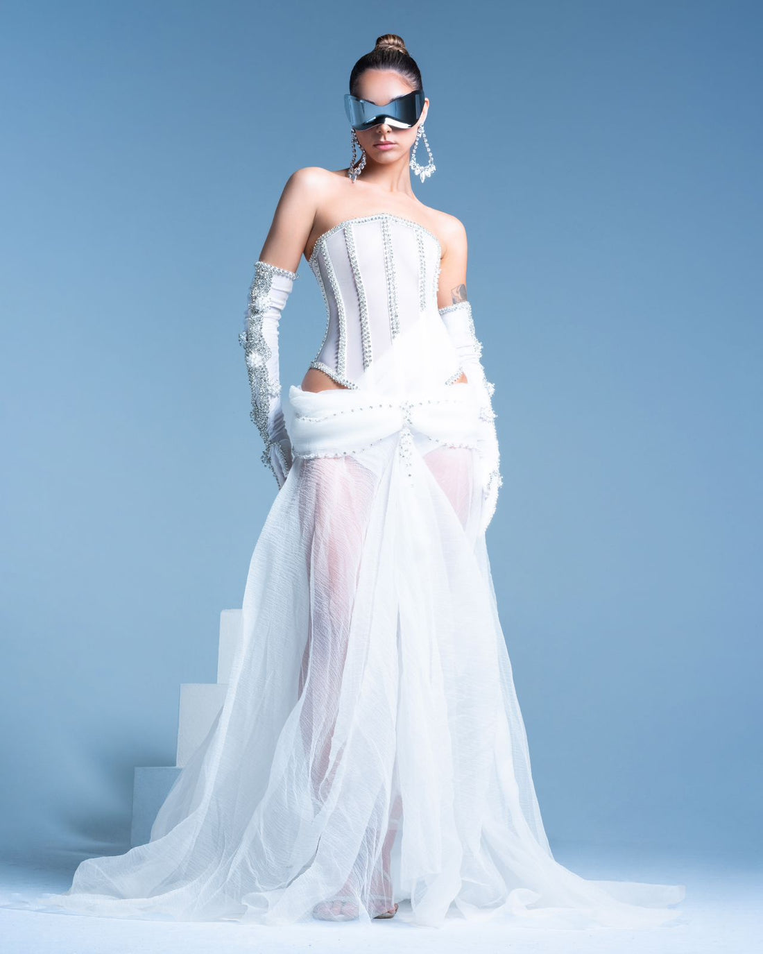 Juliana Elegant White Long with Gloves Evening Dress