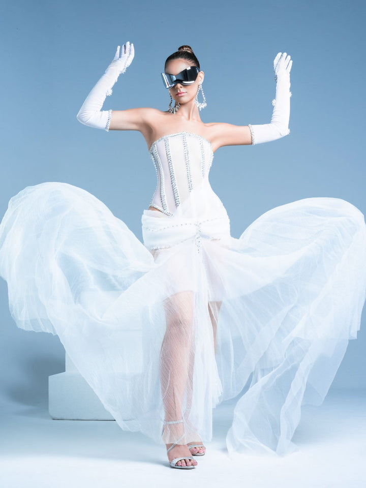 Juliana Elegant White Long with Gloves Evening Dress