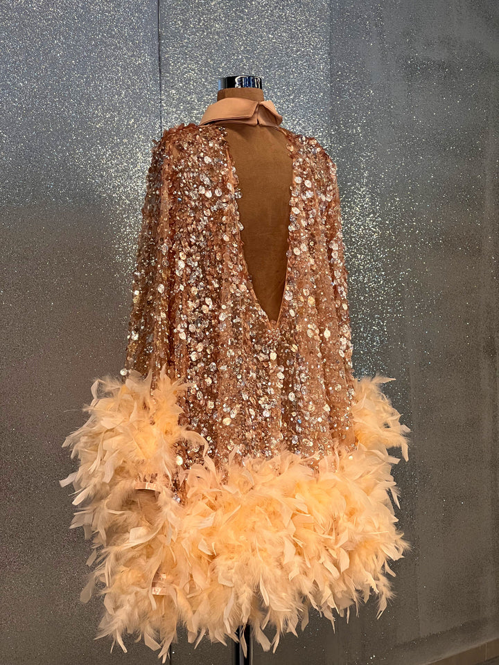 Kinsley Elegant Golden Feather touch Short Evening Dress XL / Golden