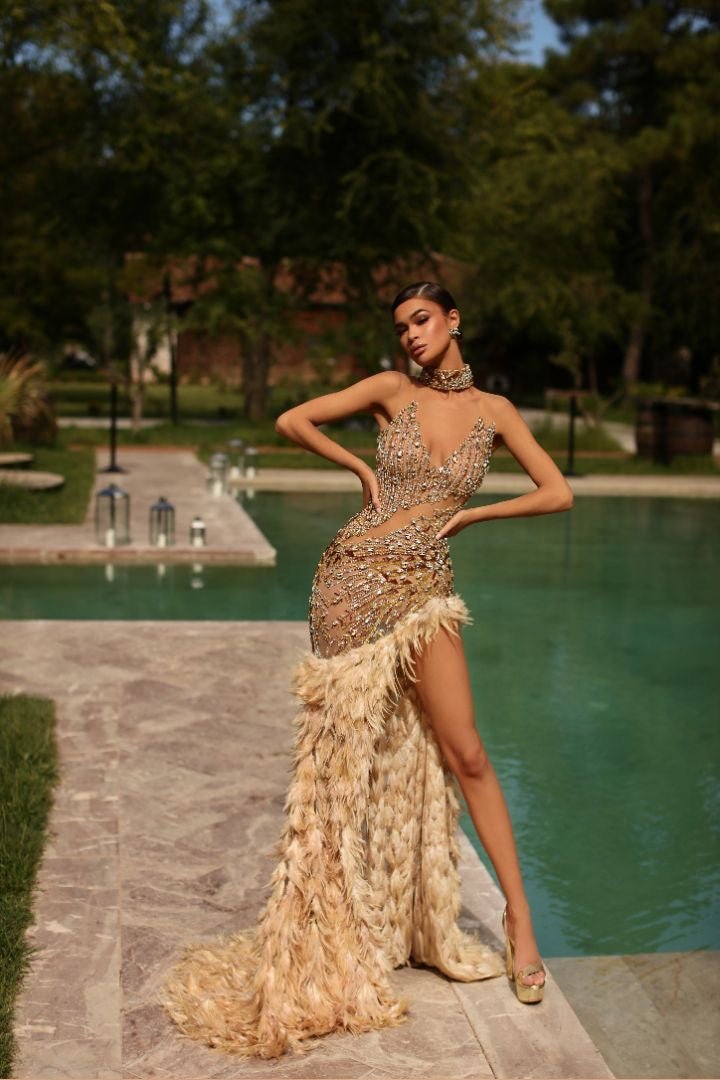 Ashlyn Beautiful Off-Shoulder Golden With Feather Touch Evening Dress