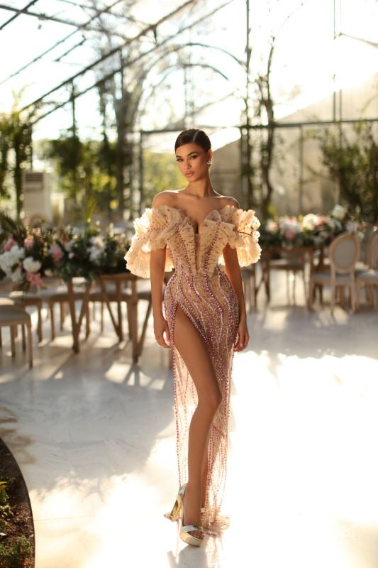 Cecelia Elegant Off Shoulder Golden Evening Dress
