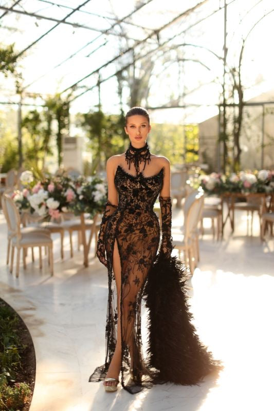 Brinley Elegant Feather Sleeves Black Evening Dress XXXL / Black
