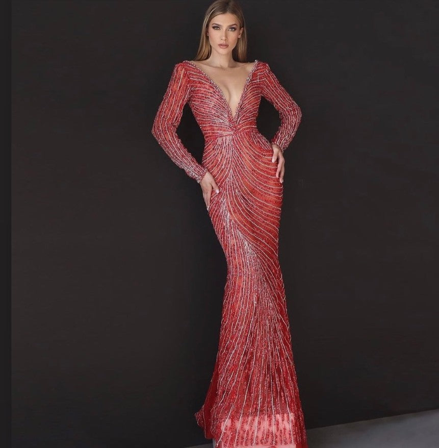 Emerson Elegant V-Neck Full Sleeves Red Evening Dress