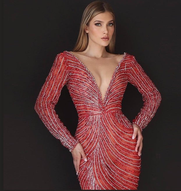 Emerson Elegant V-Neck Full Sleeves Red Evening Dress