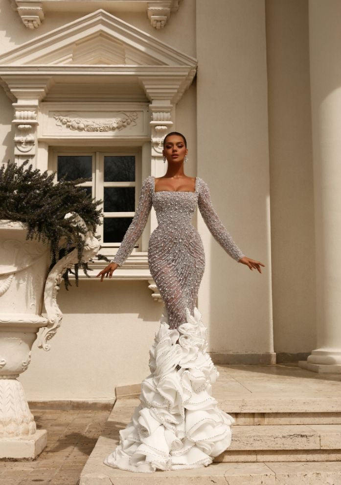 Ava Elegant Long Sleeves Silver Wedding Dress