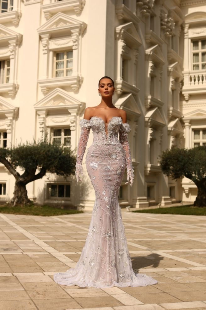 Ansley Beautiful Off-Shoulder With Gloves White Wedding Dress XXL / White