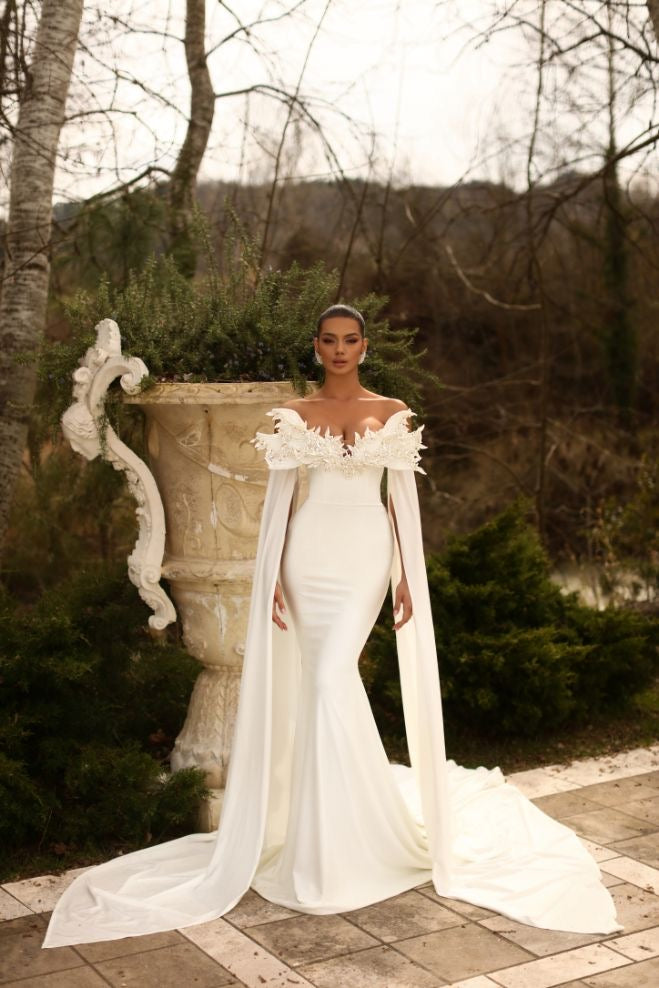 Gemma Elegant Off-Shoulder Long White  Wedding Dress
