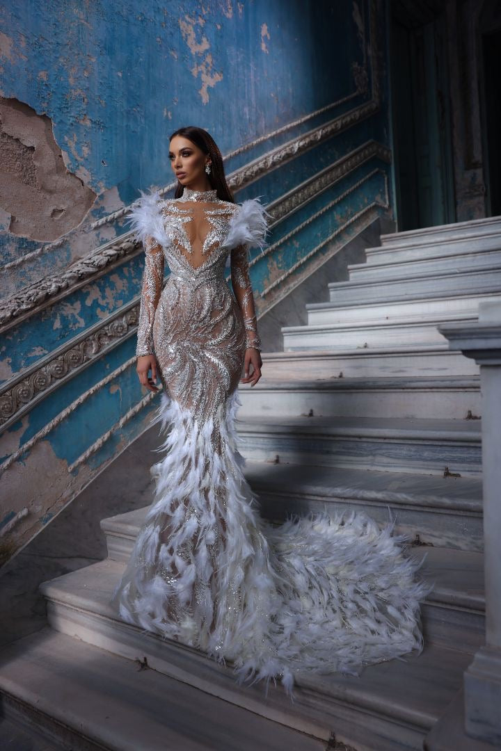Layne  Elegant Long Sleeves Feather Touch  White Wedding Dress
