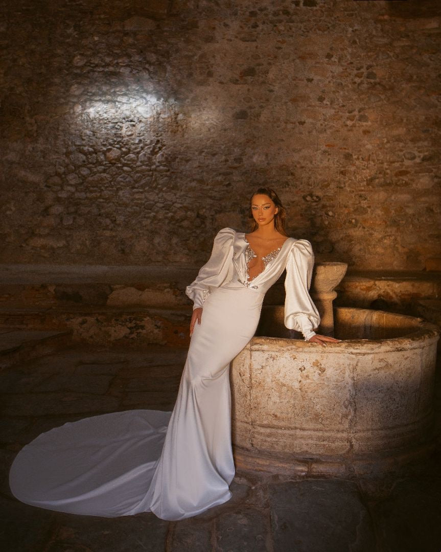 Alondra Beautiful Long Puff Sleeves White Wedding Dress