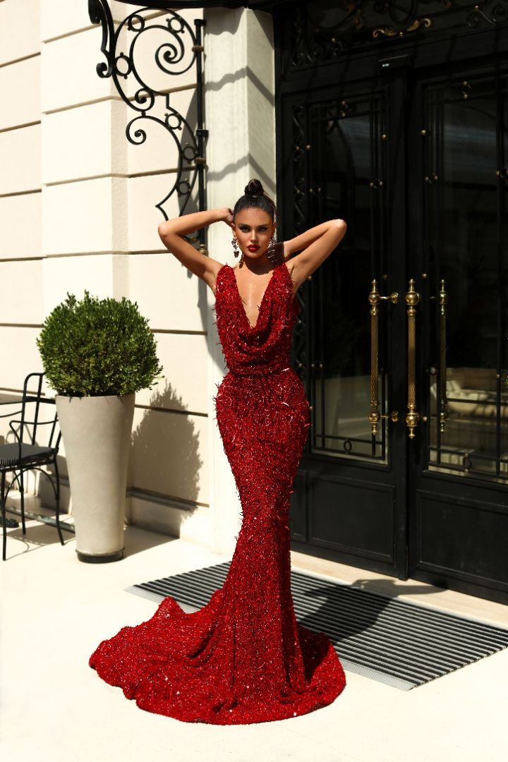 Anaya Elegant V-Neck Red Evening Dress