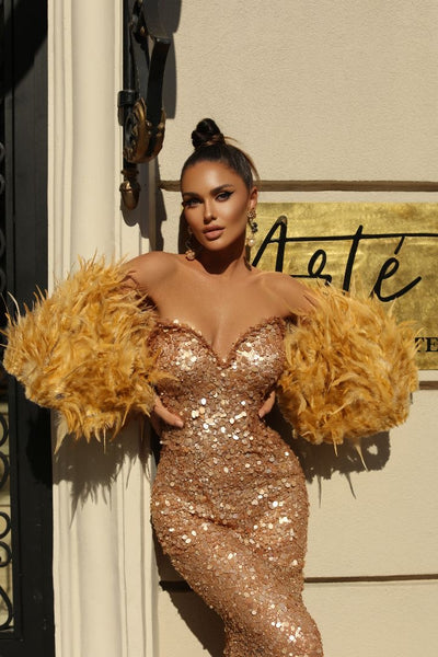 Aria  Elegant Off-Shoulder With Feather Touch Golden  Evening Dress