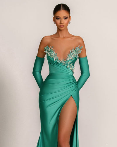 Briana Elegant Off-Shoulder With Gloves Green Evening Dress