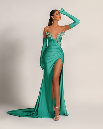 Briana Elegant Off-Shoulder With Gloves Green Evening Dress