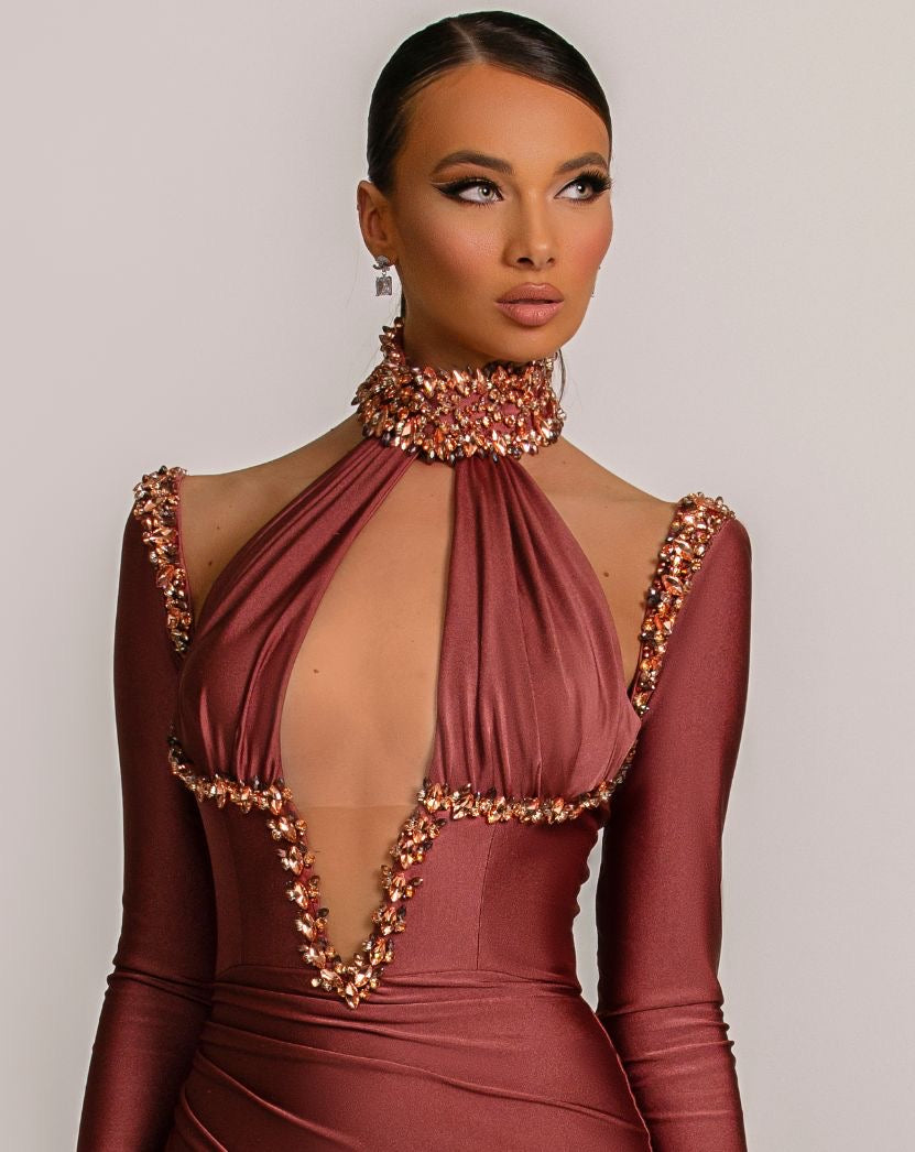 Camille Luxury Long Sleeves Ligh Maroon Evening Dress