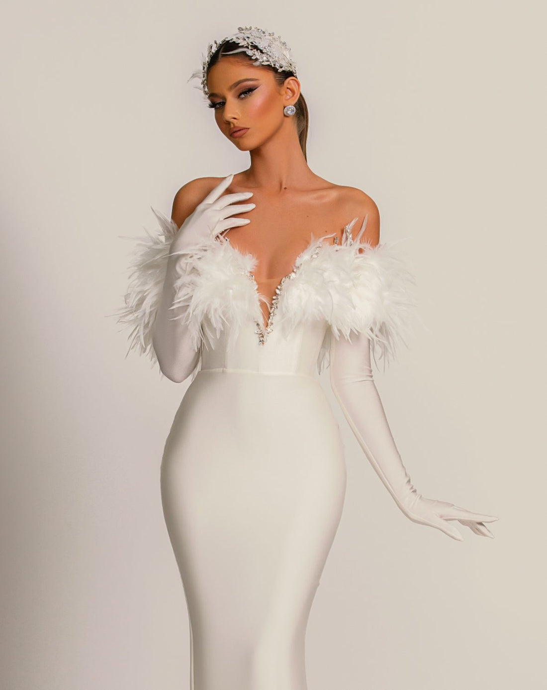 Cara Luxury Off-Shoulder With Gloves White Evening Dress