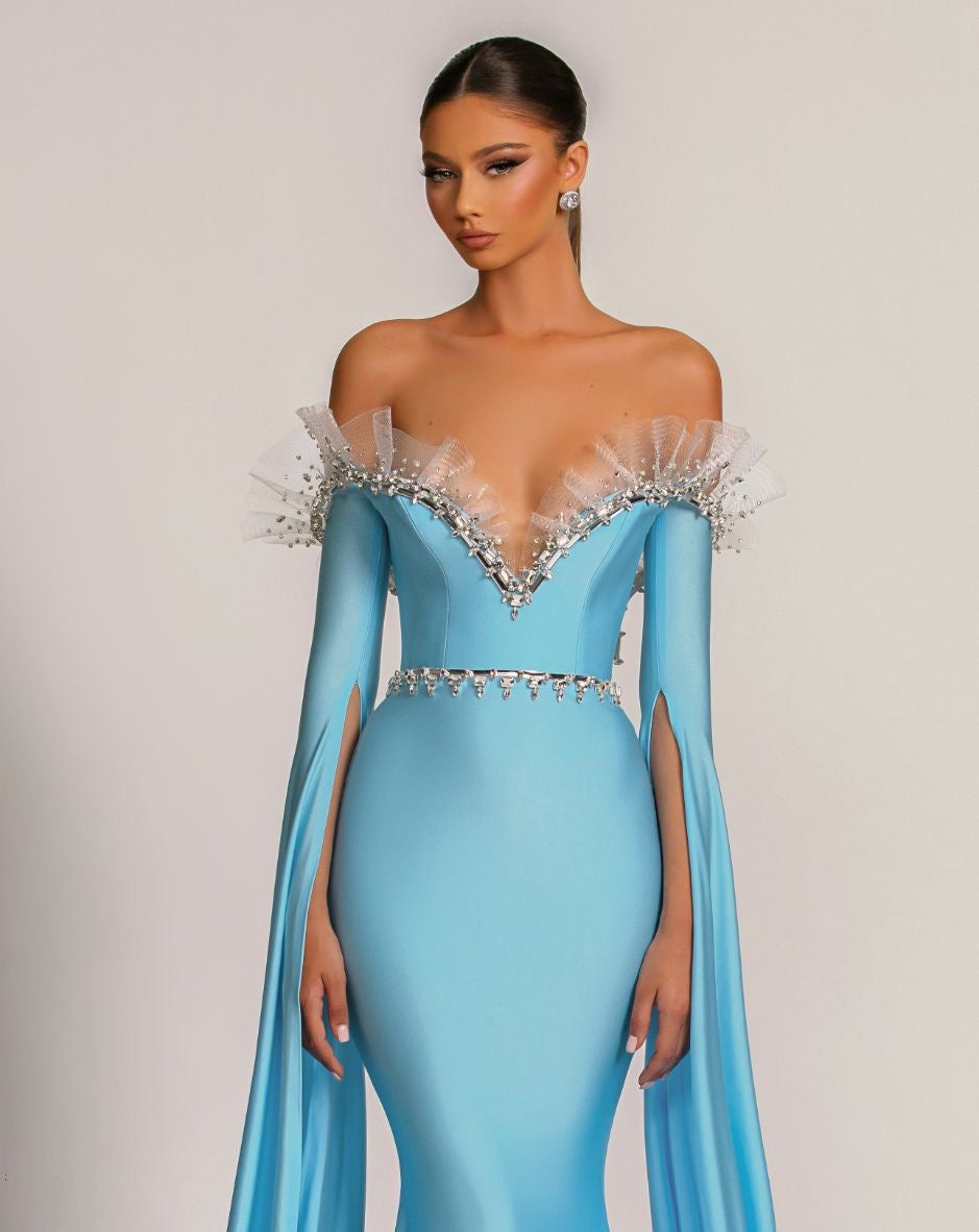 Carolina Elegant Off-Shoulder Blue Evening Dress