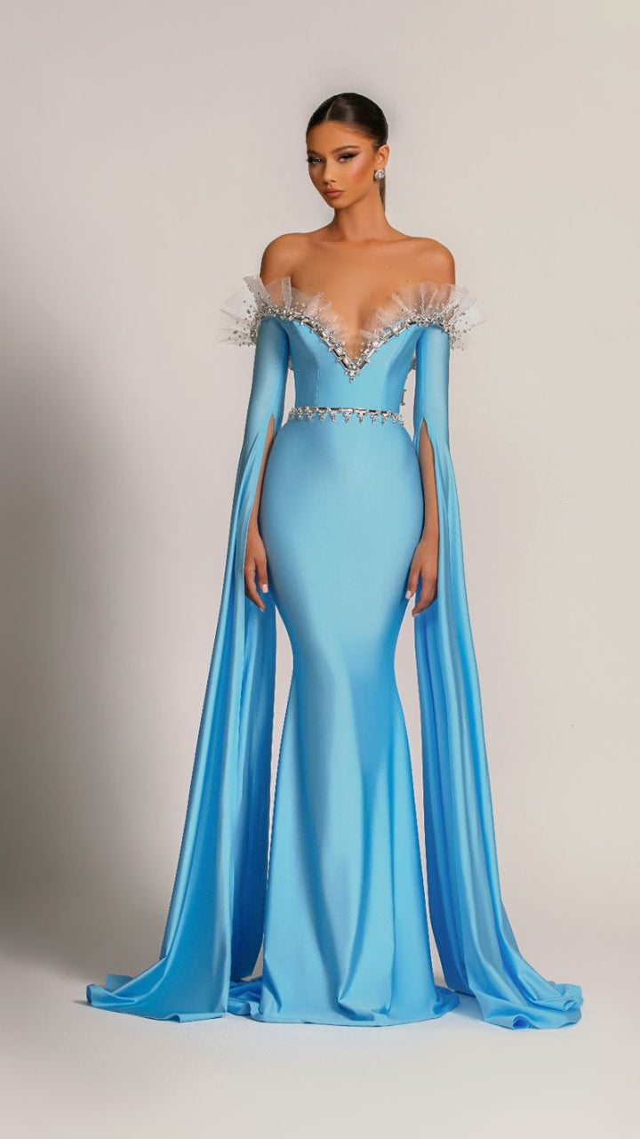 Carolina Elegant Off-Shoulder Blue Evening Dress XS / Blue