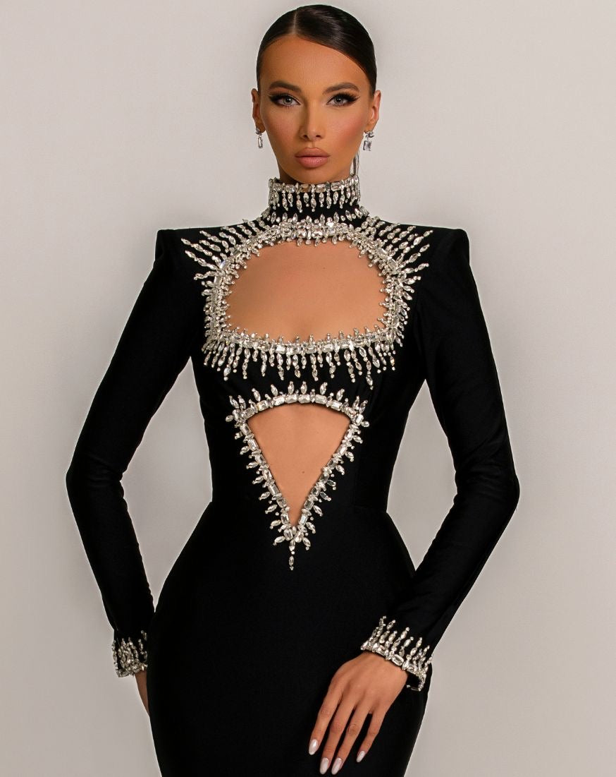 Celeste Elegant Long Sleeves Black Evening Dress XXL / Black