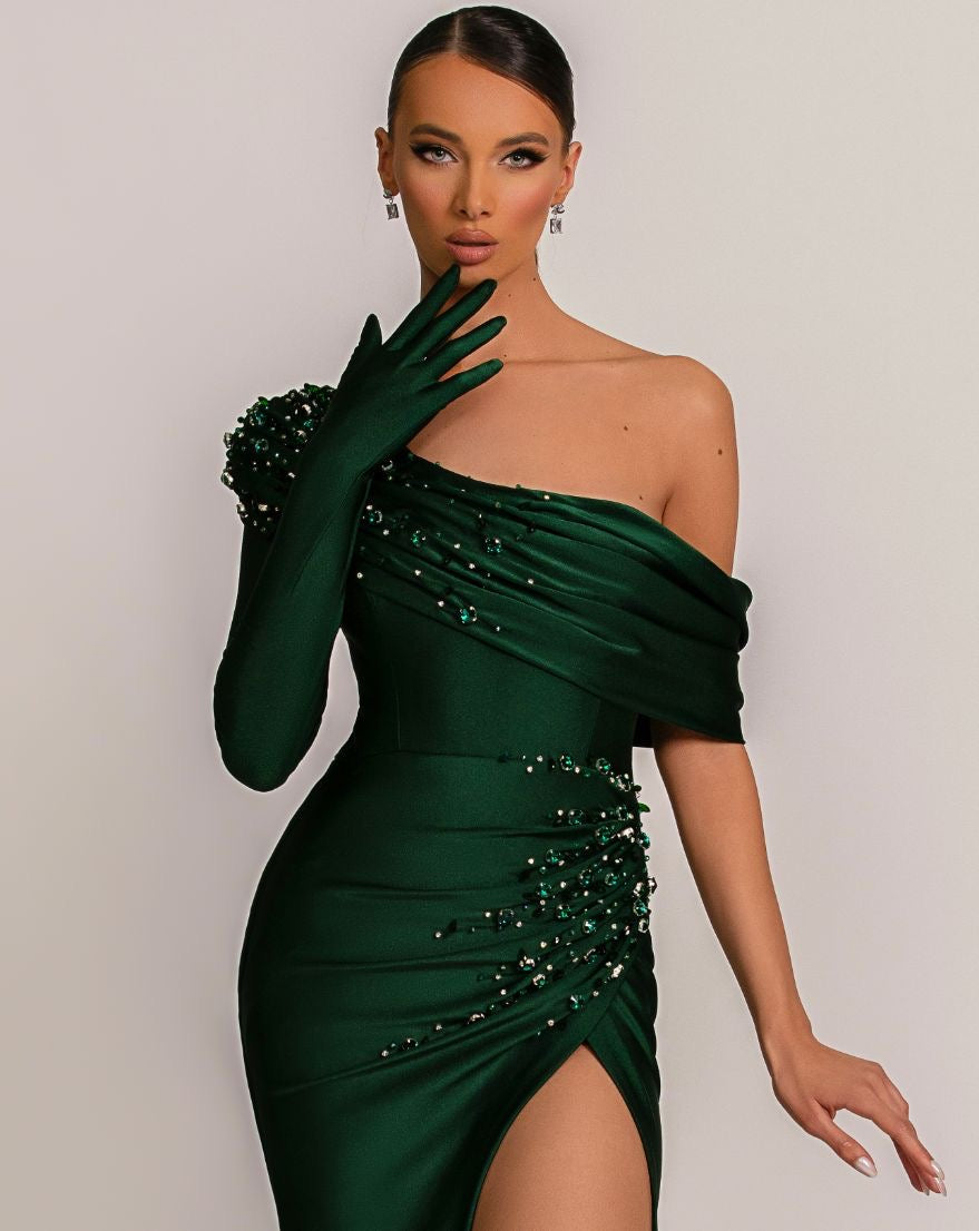 Charlee Elegant One Sleeve With Gloves Green Evening Dress M / Green