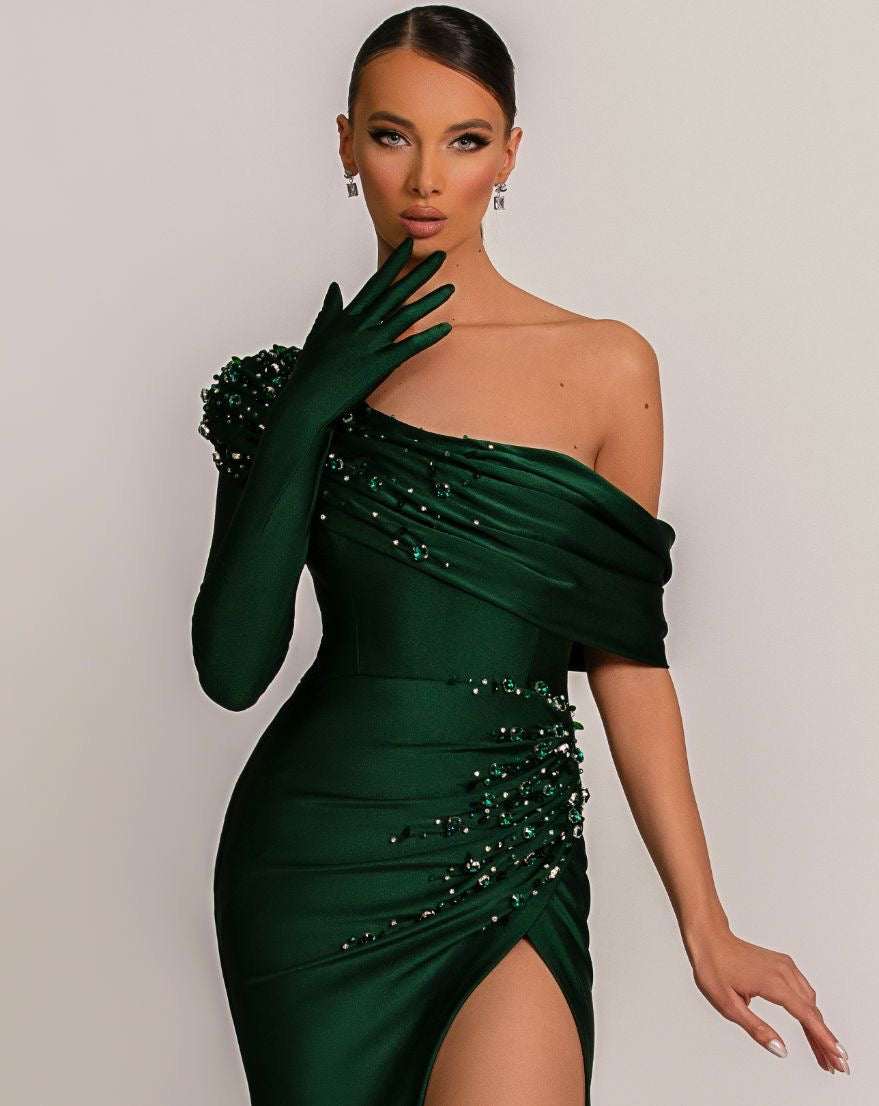 Charlee Elegant One Sleeve With Gloves Green Evening Dress