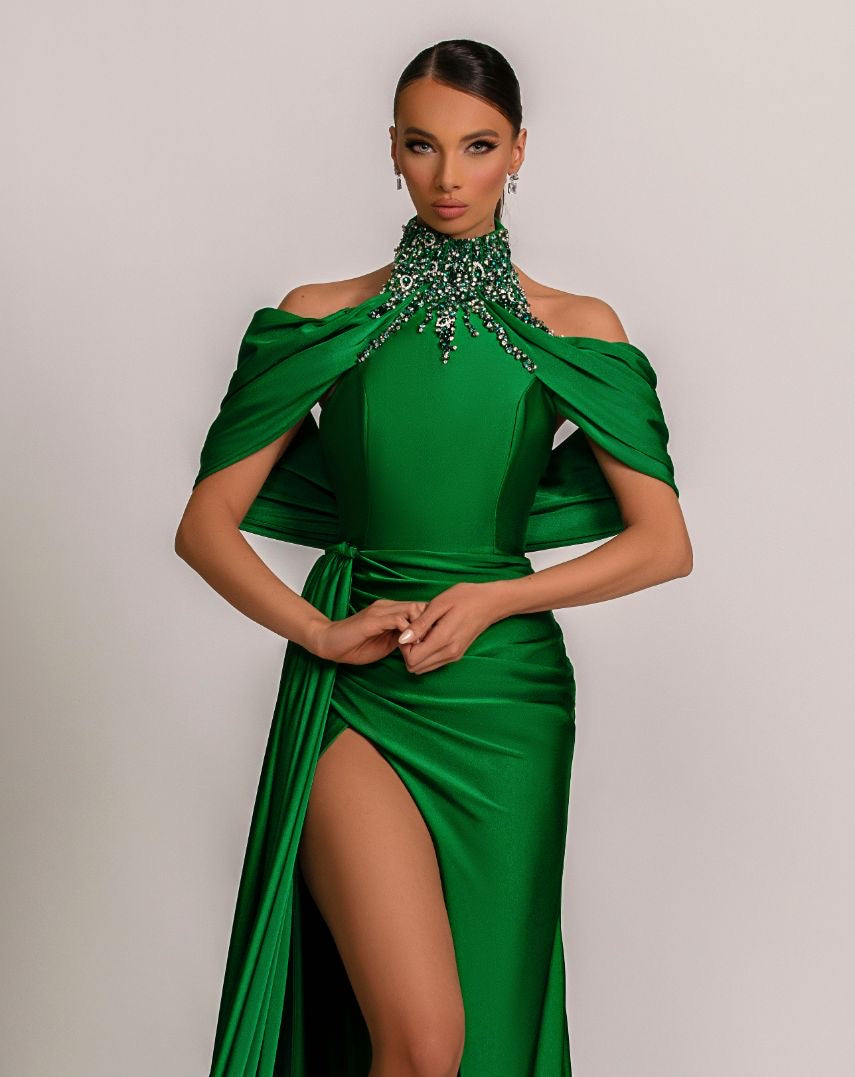 Charlotte Beautiful High Neck Green Evening Dress L / Green Charlotte Beautiful High Neck Green Evening Dress L / Green