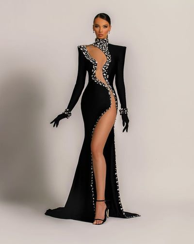 Christina Elegant Long Sleeves With Gloves Black Evening Dress