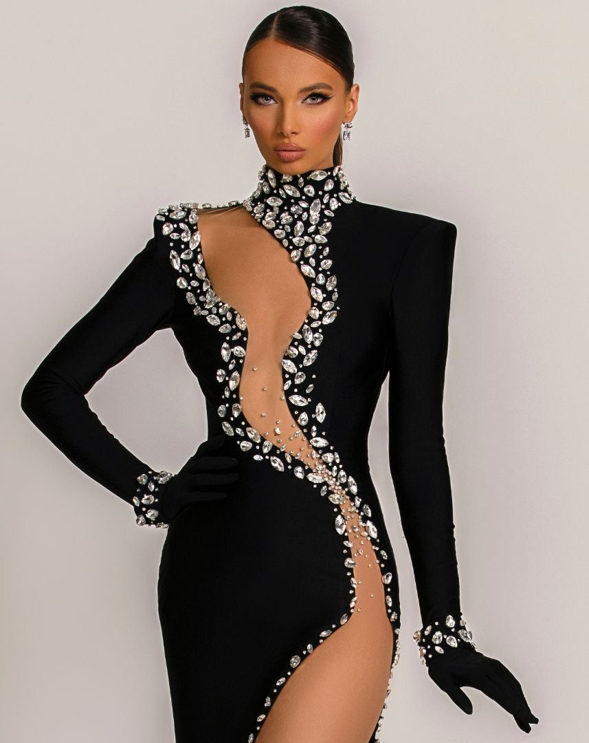 Christina Elegant Long Sleeves With Gloves Black Evening Dress D&D Clothing Christina Elegant Long Sleeves With Gloves Black Evening Dress D&D Clothing