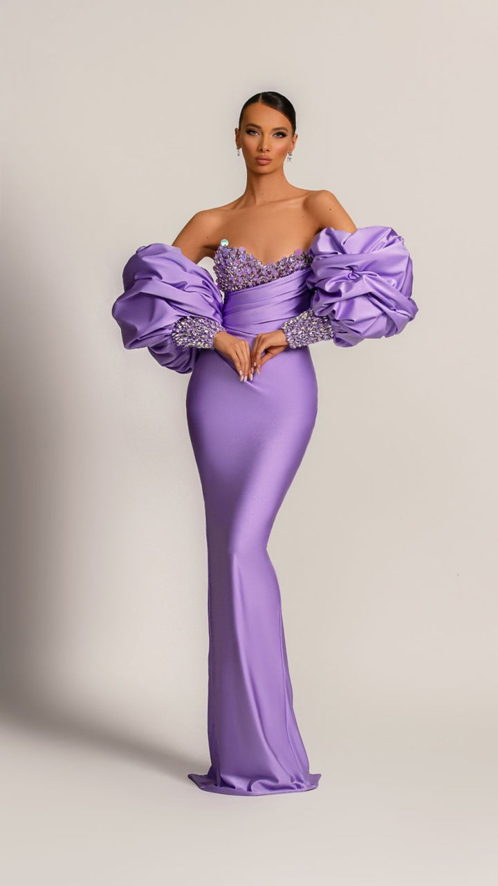 elegant lavender dresses Clara Off-Shoulder Evening Dress XS / Lavender The flowing skirt features Wood Finish:Black Men's Black Dress Pants self fabric_plain velvet
