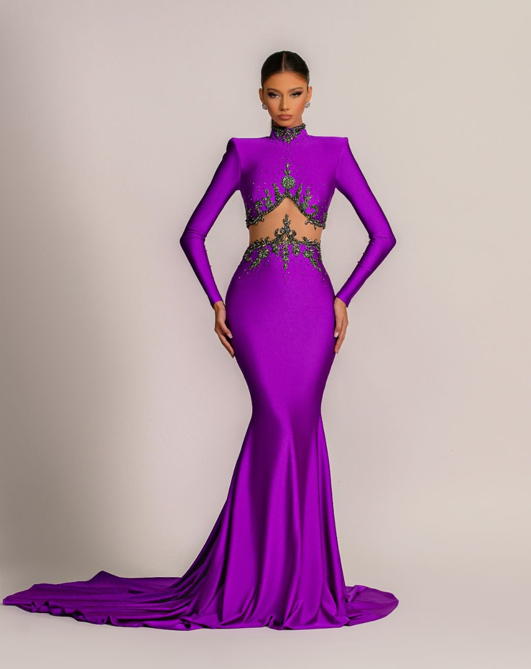 open lace back dress Clarissa High Neck Long Sleeves Beautiful Purple Evening Dress S / Lavender