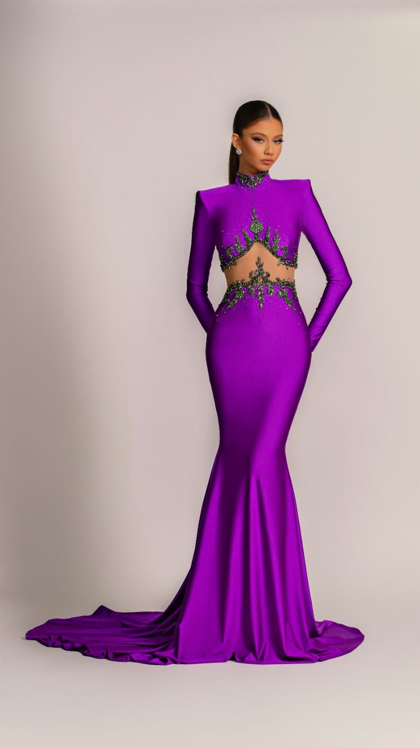 Clarissa High Neck Long Sleeves BeautiFul Purple Evening Dress S / Lavender