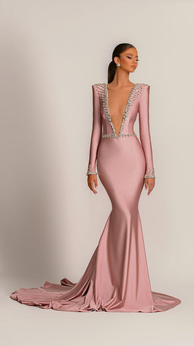 Cleo Beautiful Long Sleeves Pink  Evening Dress
