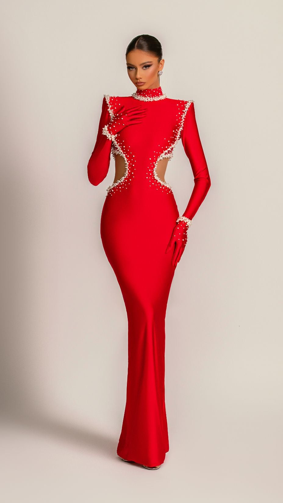 Cynthia Elegant Long Sleeves Red Evening Dress Cynthia Elegant Long Sleeves Red Evening Dress